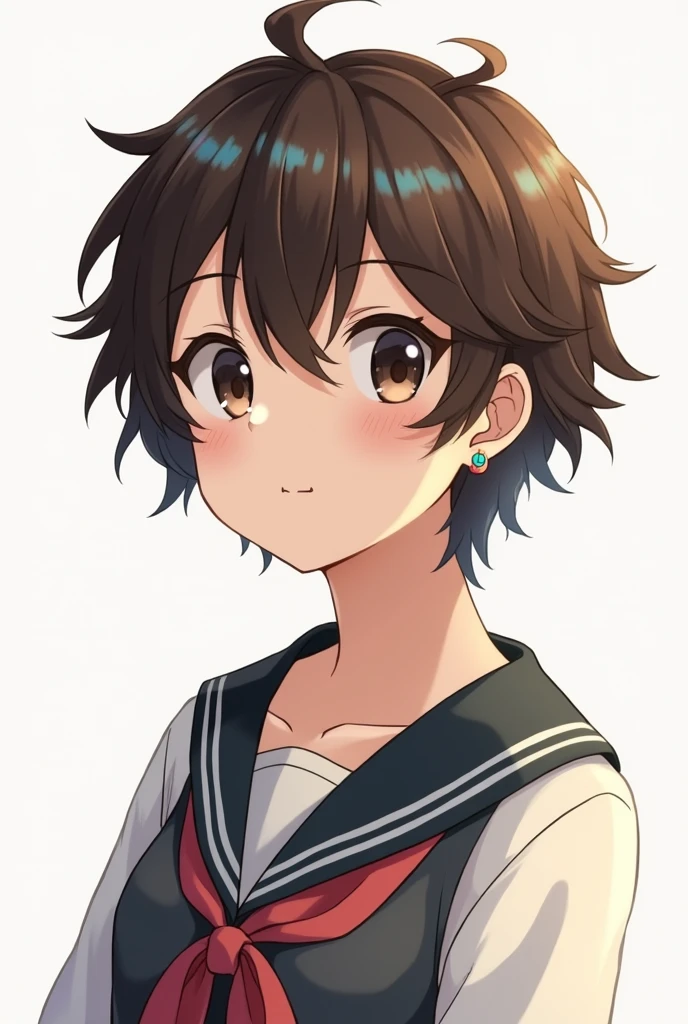 create a boy of 1,80 with short wavy brown hair with small blue highlights ,a kind but calm face with a small cupcake-shaped earring in her left ear , Brown skin, with the Karasuno uniform (haikyuu style)