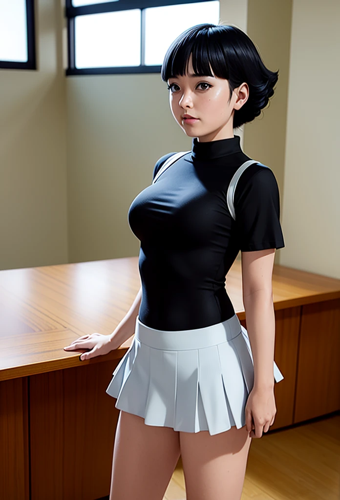 Masterpiece,Solo,One Girl,Himawari Uzumaki,(Boruto),Perfect Body,Ultra High Quality,Ultra High Resolution,Ultra Detailed,Photograph 8K,Theme School Girl,School Girl Short Sleeve Suit, Short Skirt,Beautiful,Beautiful Girl,Classroom Background,Black Hair,Big Breasts 