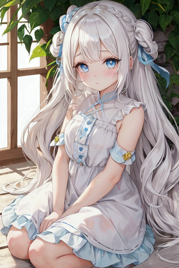 Mid-length white hair girl, half up-half down hairstyle, soft blue eyes, beauty mark under left eye, light rosy cheeks, knee-length white sundress, blue accessories, sunlight streaming down on face