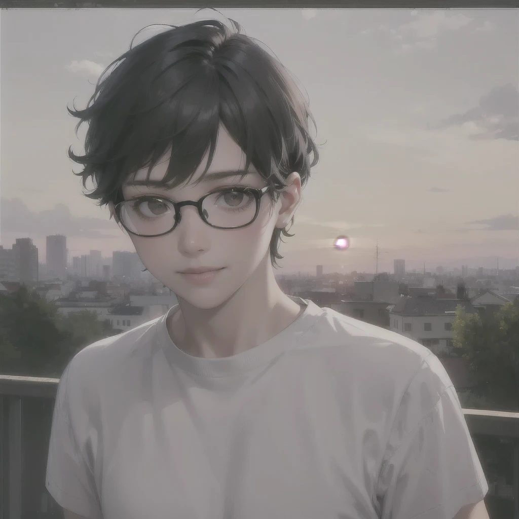 (Absurd, High resolution, Super detailed, Realistic, ), (One androgynous woman), alone, Short black hair, White T-shirt,Brown eyes, (Glasses),Gazing at the sky, Super detailed, Highest quality, Detail view, 8k, graphic design, Vector line, Full HD,Smile, Landscape