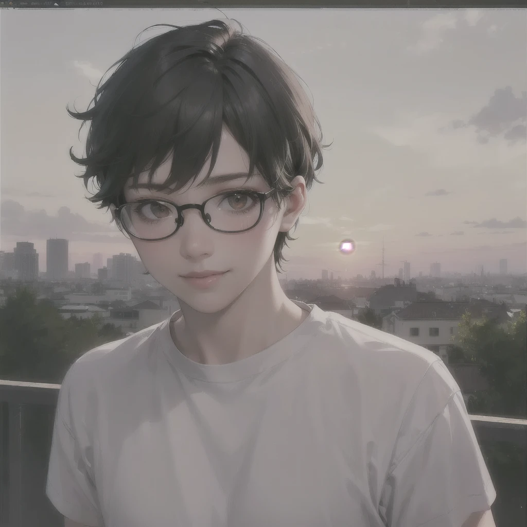 (Absurd, High resolution, Super detailed, Realistic, ), (One androgynous woman), alone, Short black hair, White T-shirt,Brown eyes, (Glasses),Gazing at the sky, Super detailed, Highest quality, Detail view, 8k, graphic design, Vector line, Full HD,Smile, Landscape