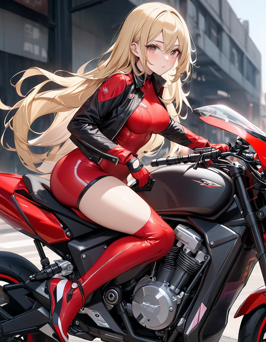 masterpiece、8k、Highest quality、One Woman、Ideal body shape、Shining blonde、Long Hair、Red Rider suit, chest visible、(Black Leather Jacket):1.2、(Leaning forward on the seat of a large modified motorcycle)、BREAK、Pearl color weapon modified bike、(Machine gun mounted on the side of the vehicle)、