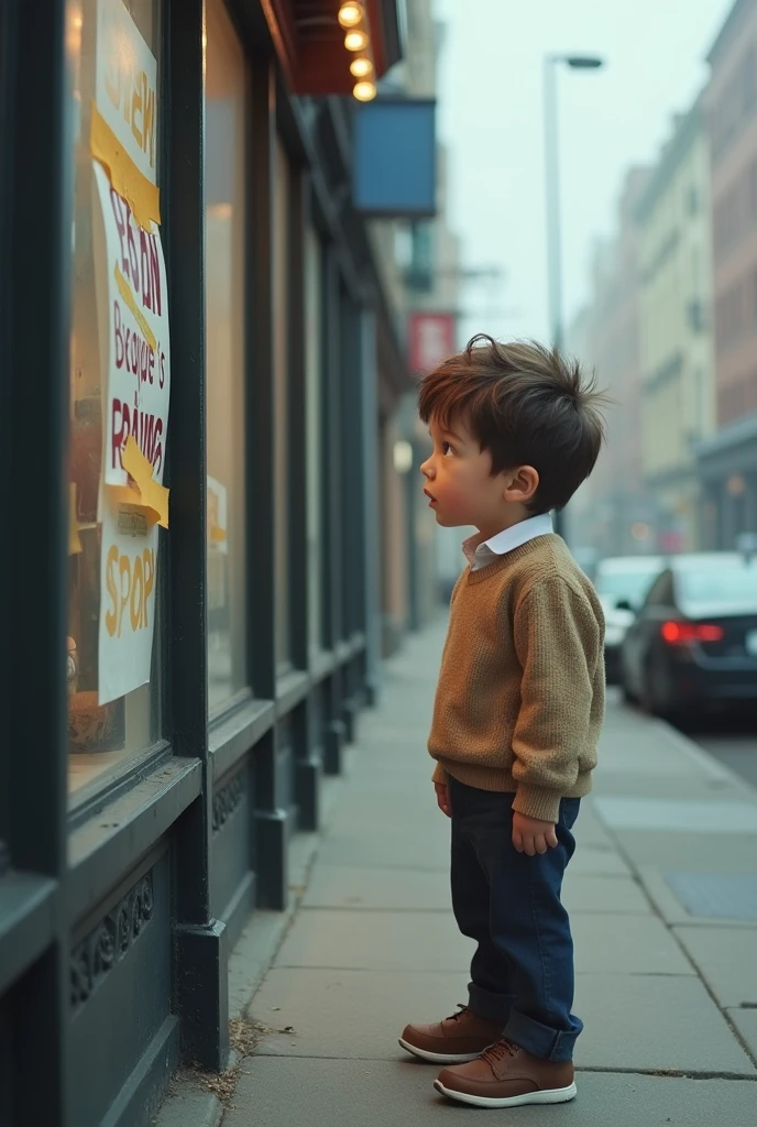 a boy shorter than him with brown hair and green eyes with a light brown sweater, a white shirt underneath and dark blue pants, with a frightened expression and a little scared as he looked at a sign taped to a shop window while standing on the sidewalk, the sky with fog and buildings behind