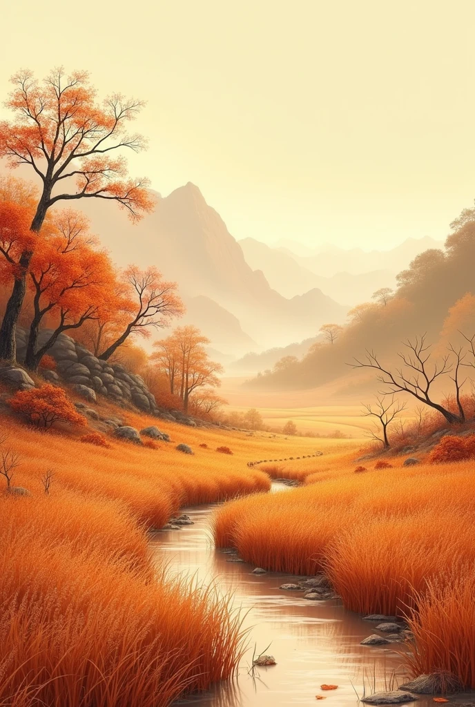 chinese paintings of an autumn landscape with a trail of grass, in the style of graphic novel inspired illustrations, beige and amber, folkloric realism, villagecore, detailed realism, ricoh ff-9d, energy-filled illustrations
