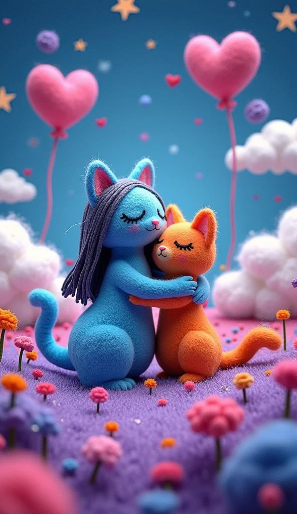 Our Felt Style，surreal space，abstract，A girl weaving with a cat is hugging each other，Fluffy love heart，fluffy clouds，star，grass，flowers，In my dream、A vivid and fun way to set the stage，blue, Purple and pink tones，bright，Art