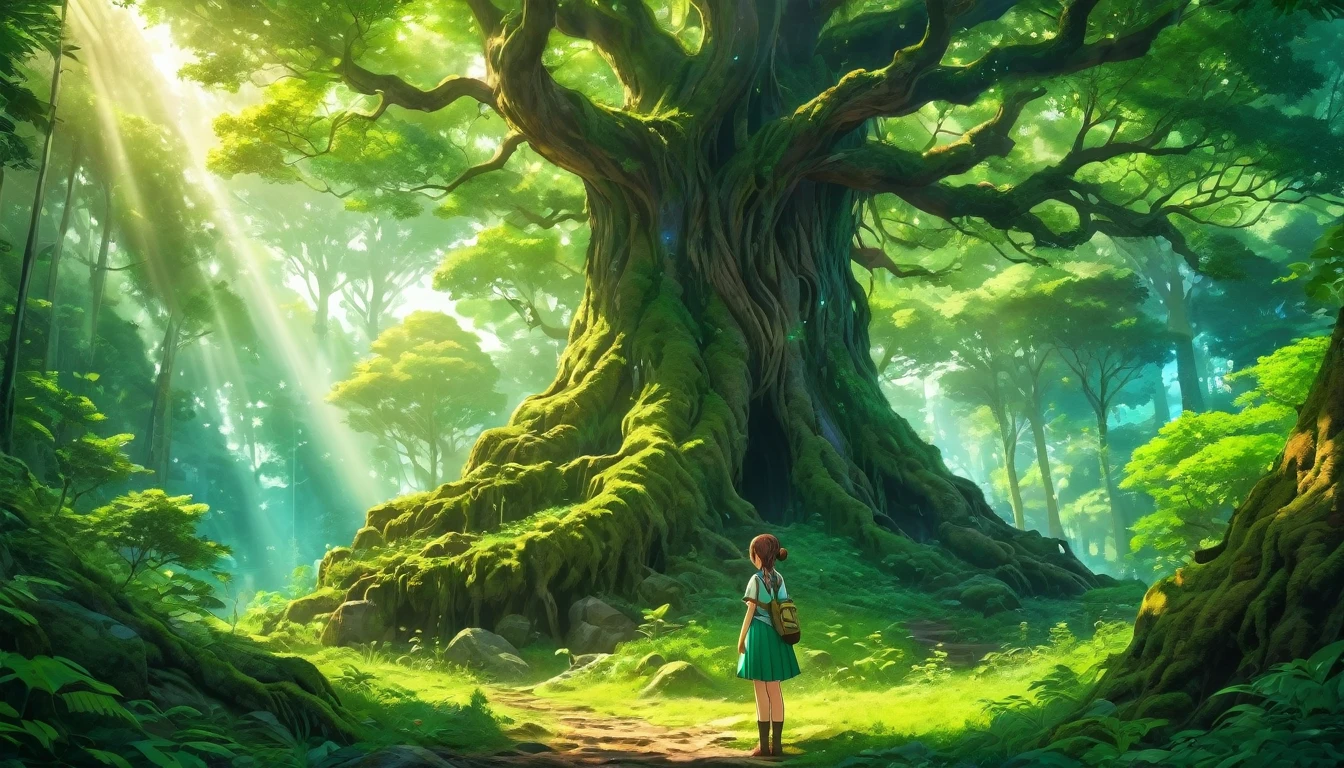 (anime, fantasy, forest), (best quality, highres, highly detailed, HDR:1.2), (vibrant colors), calm atmosphere, inviting environment, lush forest, a girl standing in the corner, giant tree, green, intricate, ethereal light, detailed landscape