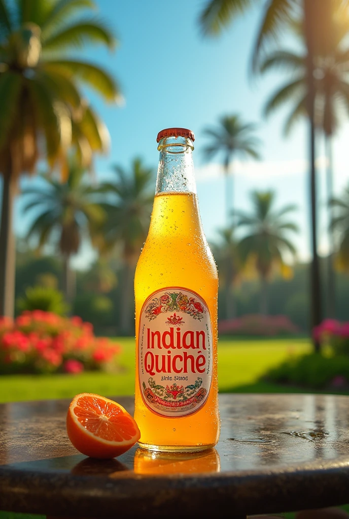 A glass bottle of Indian Quiche soft drink in San Marcos park, Guatemala on a sunny day

