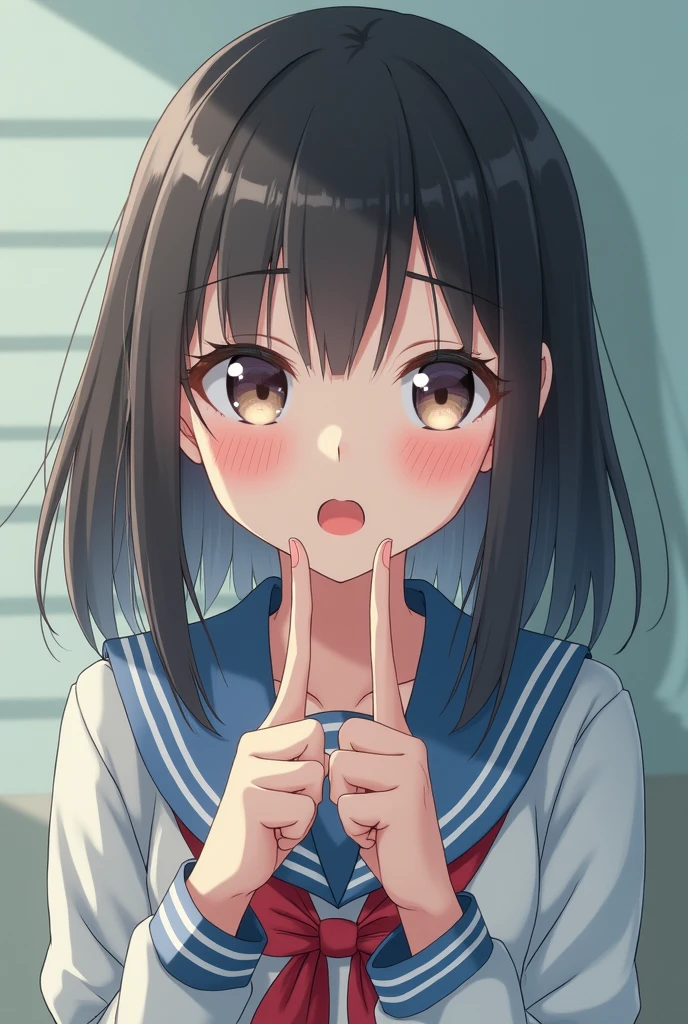 A high school girl is brainwashed by a brainwashing device、Cross-eyed、Sticking out tongue、Double Peace、Straight face