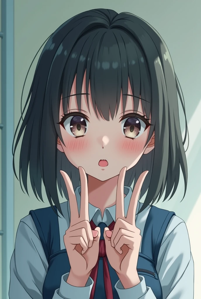 A high school girl is brainwashed by a brainwashing device、Cross-eyed、Sticking out tongue、Double Peace、Straight face