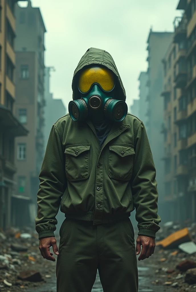 Man with toxic mask with a destroyed city