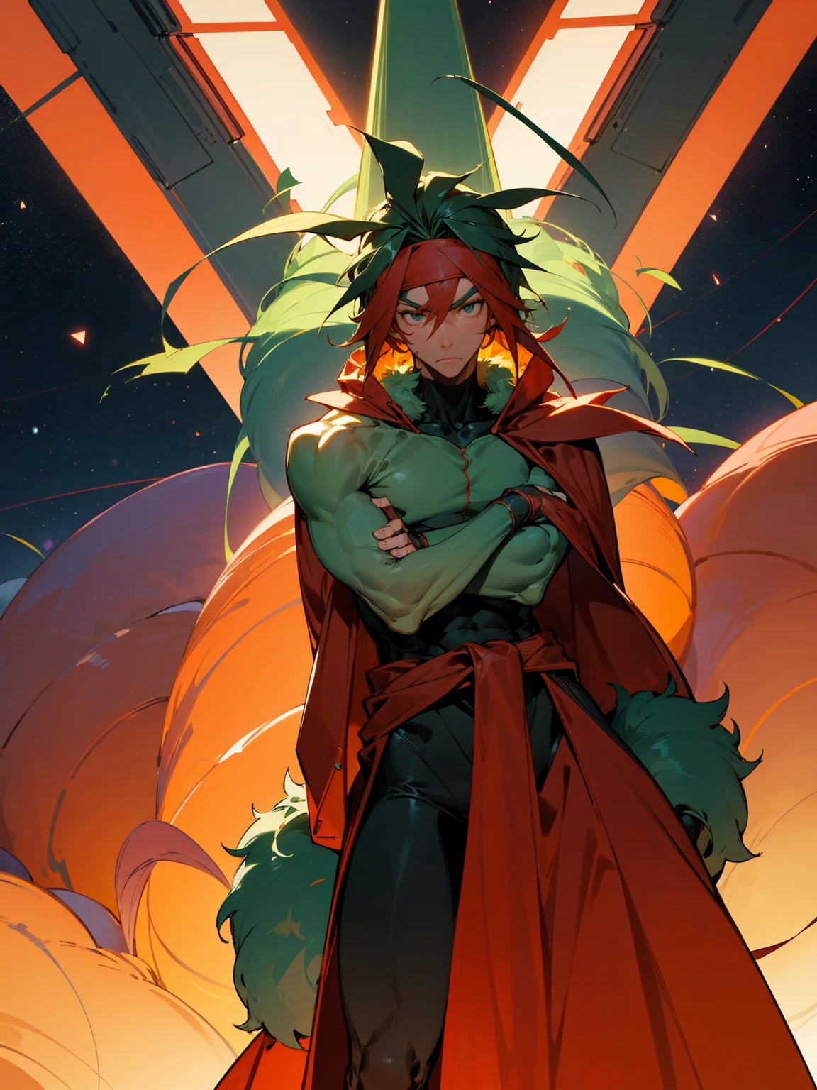 1male, adult, red skin, antennae, long green messy hair, headband, super suit, tied to waist, oversized fur coat, serious, muscular, space ship, arms folded, facing viewer