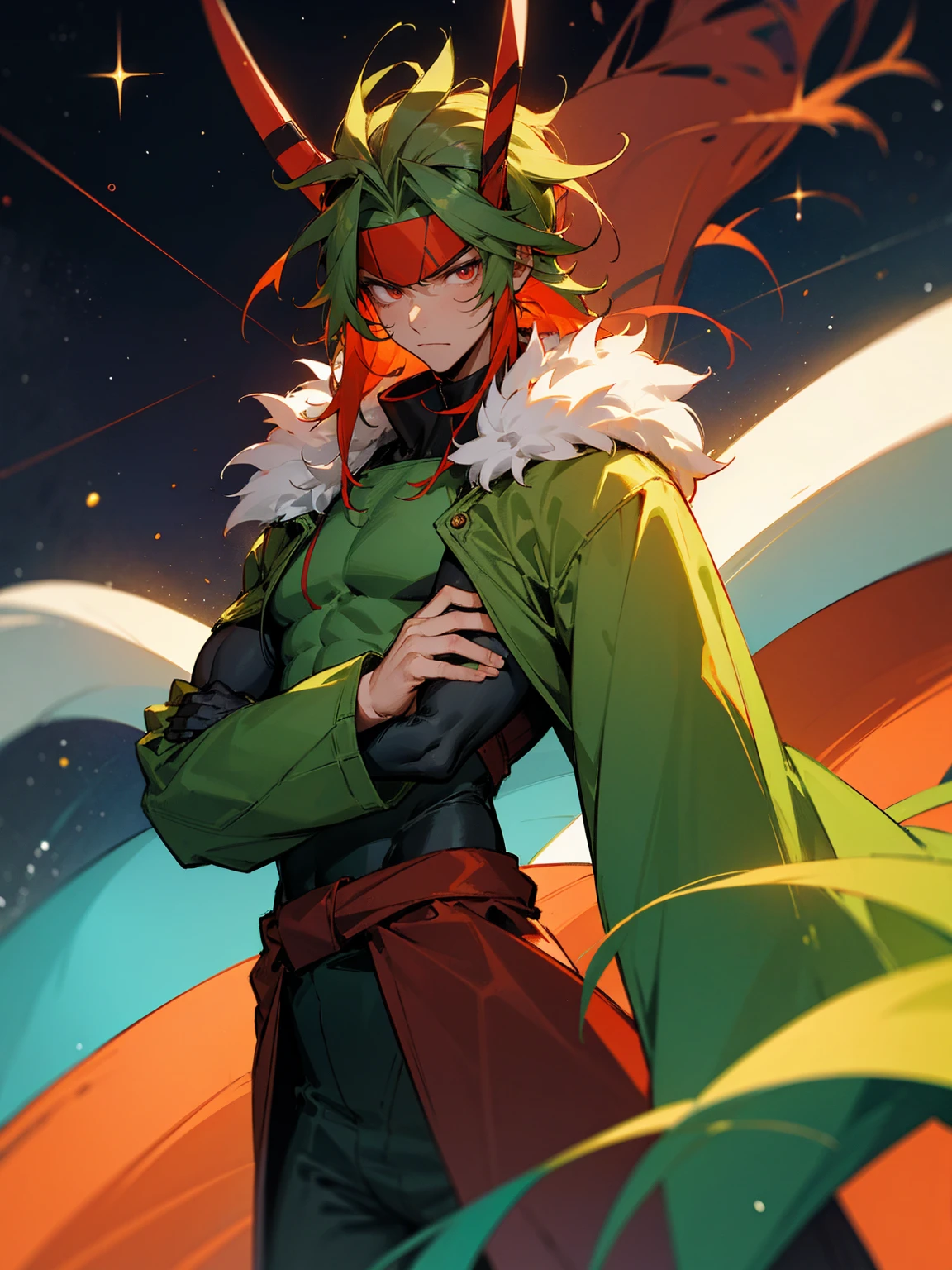 1male, adult, red skin, antennae, long green messy hair, headband, super suit, tied to waist, oversized fur coat, serious, muscular, space ship, arms folded, facing viewer