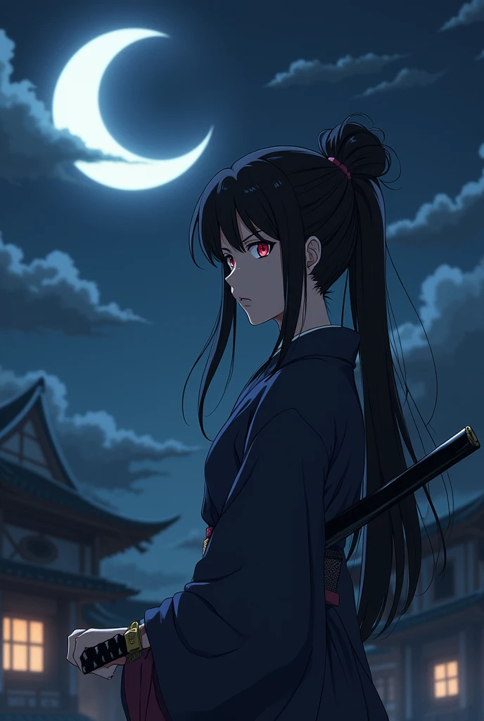 Long Black Hair、Hair tied up、15 years old、woman、kimono、The background is a large crescent moon、On the roof of an old building、Too much exposure、Red eyes、Cold look、profile、Anime Style、Holding a Japan sword in his right hand、Wearing a haori、The sword is swung sideways.