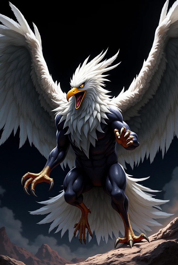 Illustration digital drawing artwork. Majestic garuda:eagle. Attack posing. black background. Wide angle.