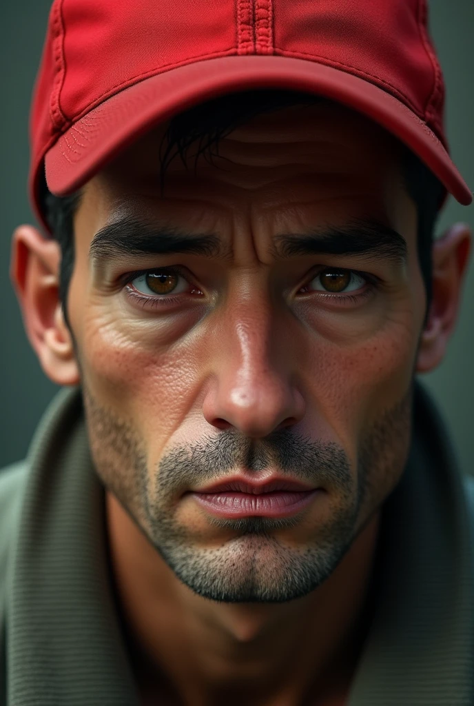 White man with red cap Latino brown eyes short hair face I walked in upset
