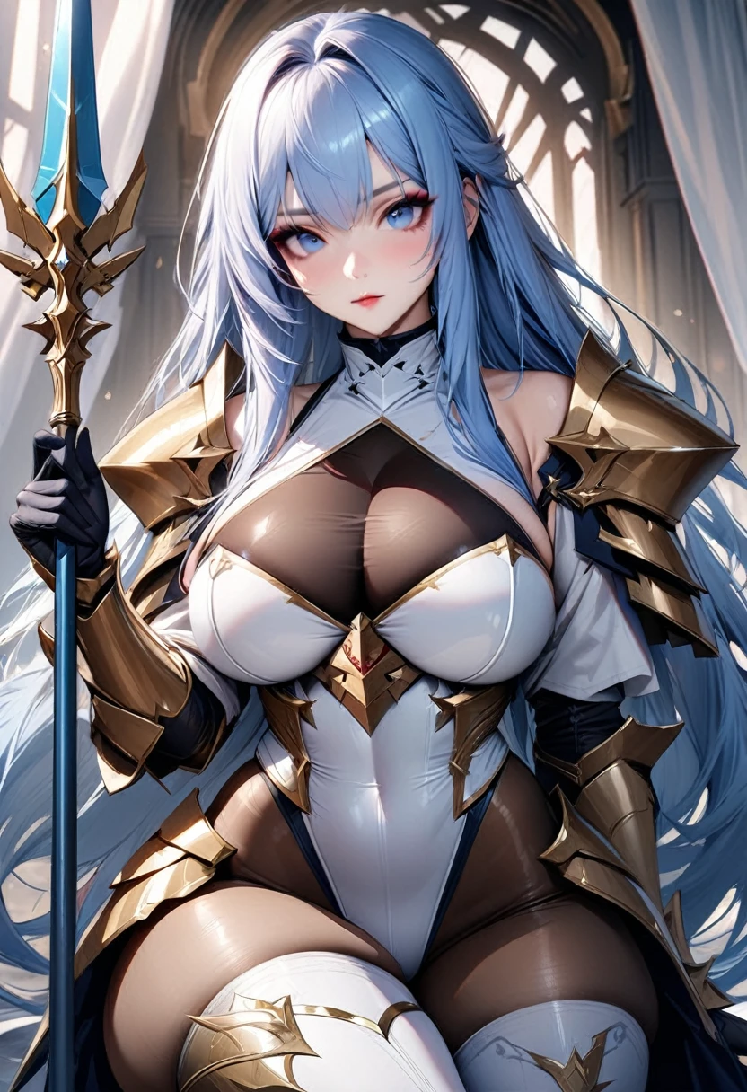 ((highest quality)), ((masterpiece)), ((hyperrealistic)), (solo), 1girl, ((curvy)), ((skindantation: 1.2)), perfect face, ((Azur Lane)), ((armored dress: 1.2)), ((paladin armor)), ((skin-tight high neck white leotard: 1.4)), ((white knight armor breastplate)), ((skin-tight black Investigator Bodystocking)), ((large pauldron)), (long gauntlet gloves), ((light blue hair straight long hair)), ((large breasts that look like they might burst)), (pantyhose thighs), (white knee-high boots), ((see through cleavage cutout)), zettai ryouiki, beautiful blue eyes, Perfect hands, perfect fingers, A magical spear decorated with luxurious goldwork., prepare a spear, makeup, sitting thighhighs