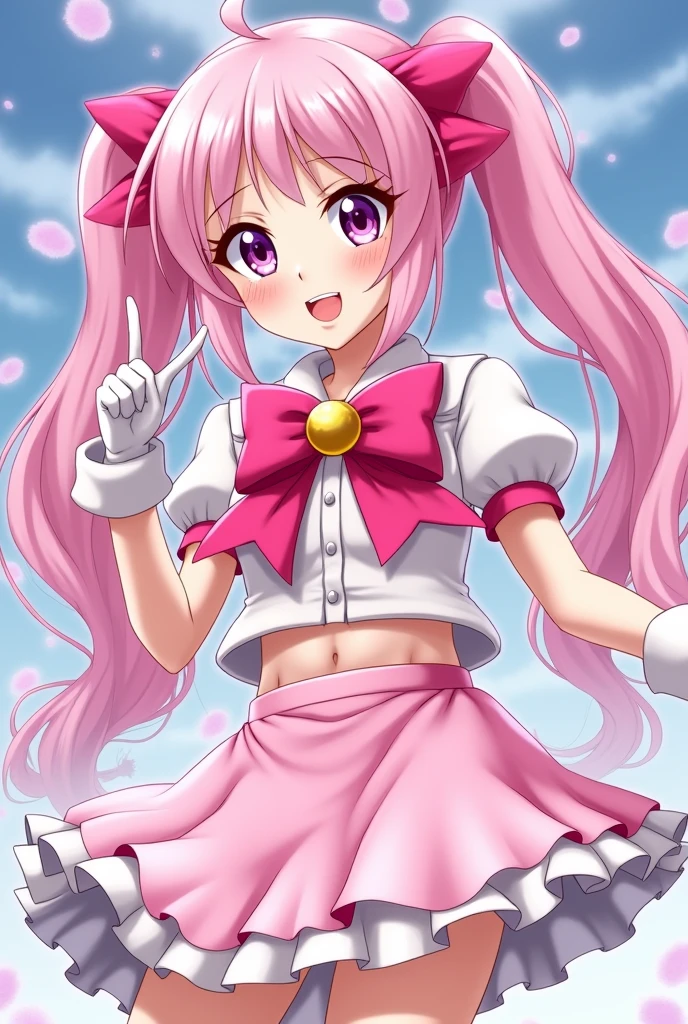 Pretty Cure Magical girl Pink mini skirt with big ribbon on chest Hair is twin tails on the costume