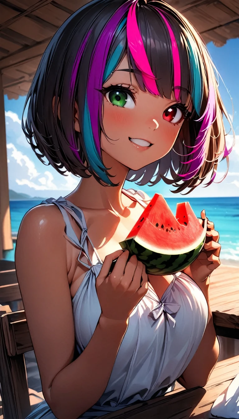 (highest quality:1.2, Very detailed, up to date, Vibrant, Ultra-high resolution, High Contrast, masterpiece:1.2, highest quality, Best aesthetics), Portraiture、girl、solo, (25-years-old:1.3), slim, heterrochromia, green eye, red eye, ((eating watermelon:1)), extra short hair, ((bob cut:1.5))、pink and purple, ((streaked hair:1.9)), (highlights hair: 1.6), sky blue sun dress, (medium breast:0.7), (tan skin:0.5), (happy:1.4), sit on dining table, tropical beach, ble ocean, blue sky, Bright colors、Beautiful fine details、Beautiful lip detail、upper body:1