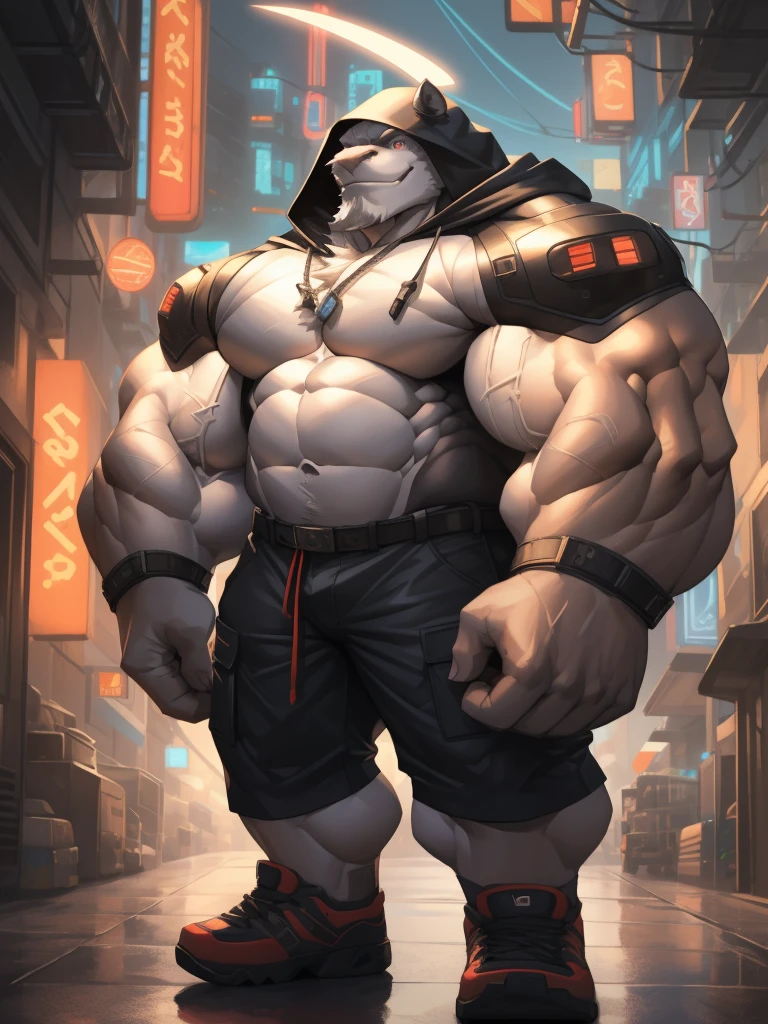 Solo, 1boy, perfect anatomy, perfect proportion, cyberpunk style, hood, neon lights, high-tech clothing, perfect center, sharp eyes, big eyes, peaceful, eyes, halo, (smile, happiness), calm, perfect fingers, big hand, fingers. Huge Muscular Old man with short hair, shoes, (cargo shorts), view from side, pectoral, thick arms, huge pectoral, wide pectoral, white hair, white beards, simple background, masterpiece, semirealistic:1.2, high detailed, 8k, high resolution, perfect center, full view. ((really big muscle, massive muscular, sixpack, thick arms, wide pectoral, super huge muscle, hyper muscular, over sized muscle, huge arms, big arms, huge pectoral))