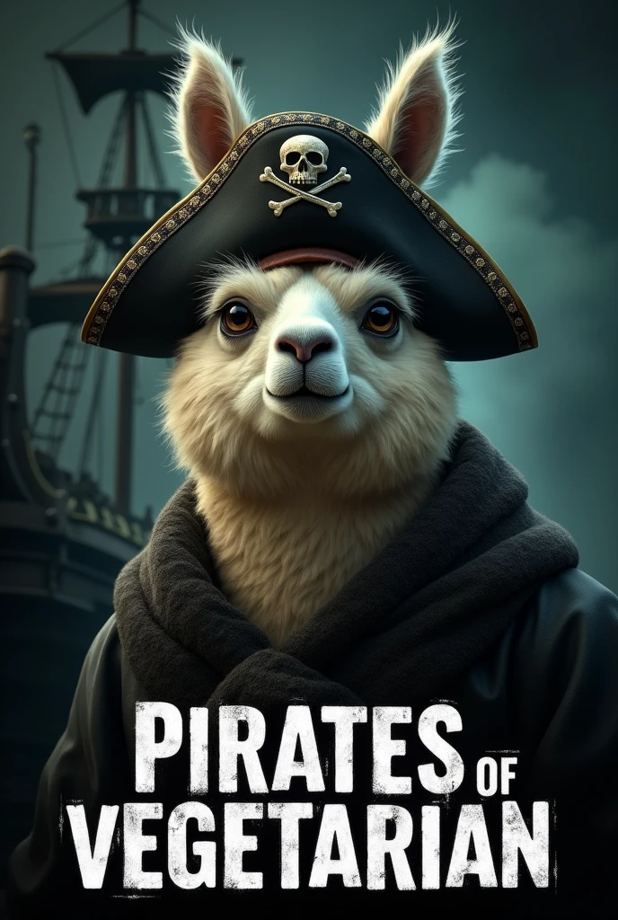 Create a cinematic poster featuring photorealistic portrait of Dressed animals - a ((fat)) alpaca pirate, , wearing pirate costume and pirate hat , with a serious, intense expression, He should be slightly off-center in the composition, The background should be dark and gritty, pirate's ship with smoky or grunge textures, Use a color scheme of black, deep blues, and dark greens, with subtle silver or gold accents to capture the show's mood, At the bottom of the poster, place the text "PIRATES OF VEGETARIAN" in large, bold, distressed letters, in a sans-serif font. The text should have a cinematic style, with slight shadow or glow effects to make it stand out against the background.