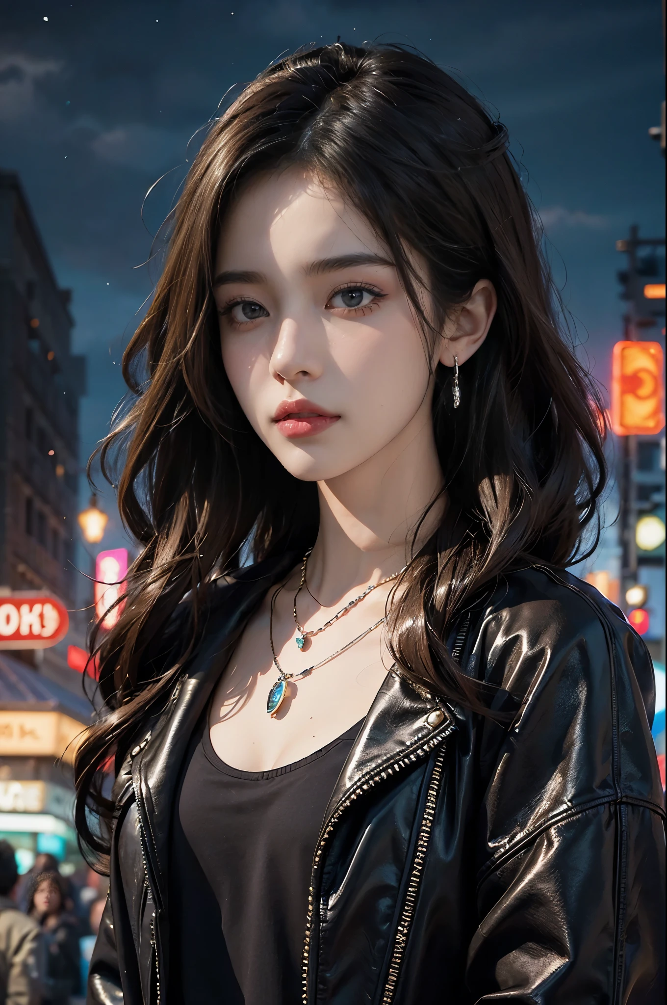 (((best quality))),(((ultra detailed))),(((masterpiece))),illustration,((1 beautiful girl,solo)),(shoulder length straight bob:0.8),((earrings,necklace)),((slim,thin)),((small breasts,flat chest)),detailed eyes,red lips,fair skin, rosy cheeks, (black leather jacket:1.3),(tank top:1.2),(city streets:1.3),(night scene:1.3), bustling ambiance, (neon lights:1.2), storefronts, people hurry by, winter coats, phone screens, confident stance, solitude, sophisticated, urban chic, vibrant backdrop, captivating atmosphere,((from front,upper body))