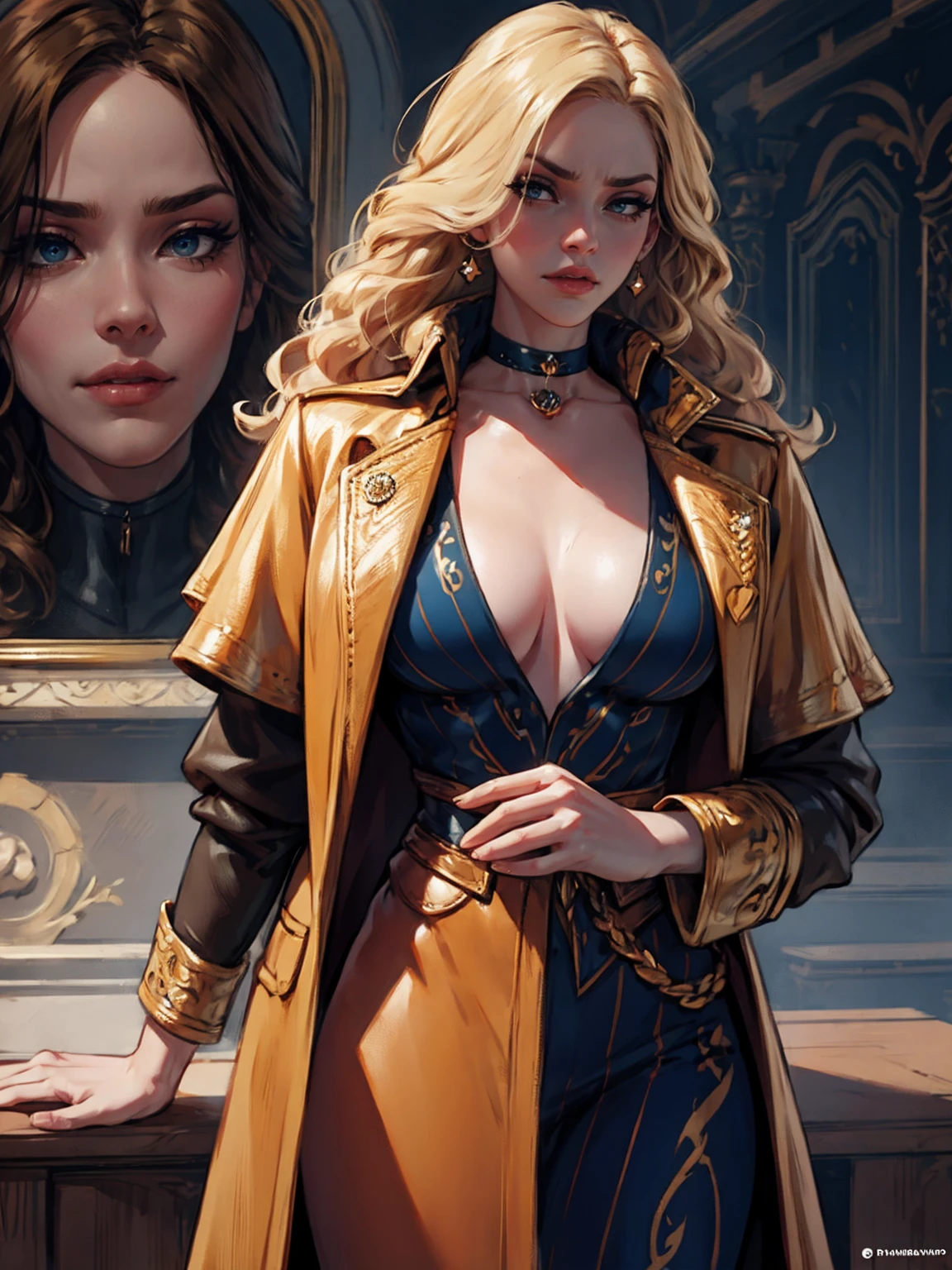 {-erro_de_anatomia:1.0}(Masterpiece - Ultra-Detailed, High Resolution) woman 40 years old, a woman (johanna constantine), wearing a brown overcoat , very long blond hair, curly hair, (blond hair), (dark blue 1 eyes), black choker . Indifferent look , merciless, dinamic poses, egoist smile, angry face,