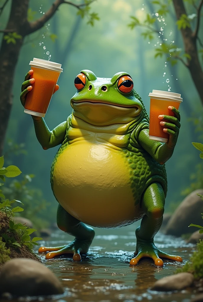 A fat frog preparing the swamp for a party, carrying cups, stairs and other things, in your hands