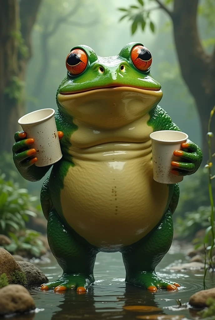 A fat frog preparing the swamp for a party, carrying cups, stairs and other things, in your hands