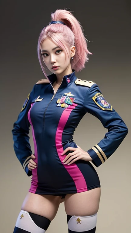 ((masterpiece)),(((Highest quality))),((Reference Sheet, Character Design, front, return, ~ ~ ~ side, Mr...々Hairstyle, Mr...々performance, Facial Expressions)), 14-year-old girl, Cute type, (Very slim:1.4), (Very small ass:1.4), Realistic buttocks, Mid-chest, Pink Hair, Mohawk and Ponytail:1.2,Thin thighs, Long legs, It's not a big deal,(A female Earth Federation officer is walking), (Wearing Earth Federation military uniform, White and magenta military uniforms),(Worn by federal government employees'White Hat:1.5)