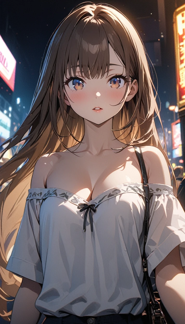 ((Highest quality)), ((masterpiece)), (detailed), Ultra HD、8k, (Cinema Lighting)、(Anime illustration)、(looking at the camera)、(front)、(Face Up)、Perfect Face、detailedな顔、detailedな目、(Long Hair、Brown Hair、bangs、straight)、detailedな髪、Cute Girls、(Off-the-shoulder shirt、Gorgeous pattern)、Seductive lips、Cleavage、Fine skin、night