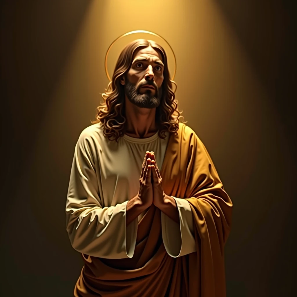 "The Holy Image of Jesus, His face was calm., Fold your hands and pray devotionally, Illuminated by golden light.Realism，full-body shot，Standing at an angle，Keep your eyes open