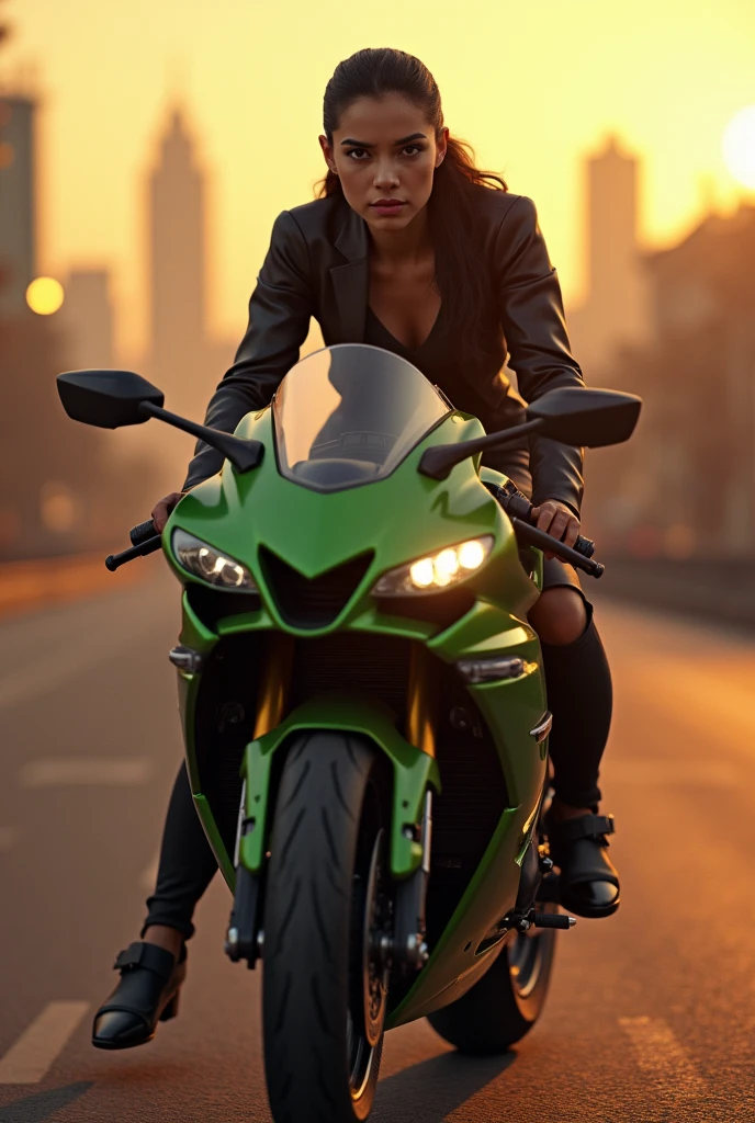(photorealism:1.2), Livia Brito, with cantinflas behind her riding a Kawasaki sports bike