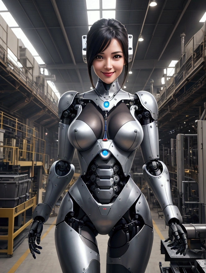 Sexy Industrial Robotic arm . The woman smiles gratefully. They are working in a robotic factory. at camera. she is in front