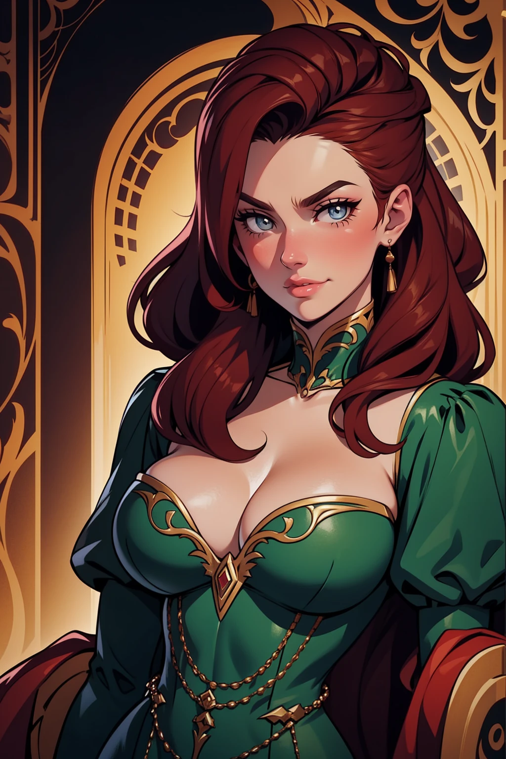{-erro_de_anatomia:1.0} woman 40 years old, victorian era, queen clothes, (green dress), dark castle, a woman (alicent hightower), meddium dark red hair (dark red hair), (brown eyes) . Indifferent look , merciless. among the dragons, dinamic poses, egoist smile, upper body, sitting in the iron throne