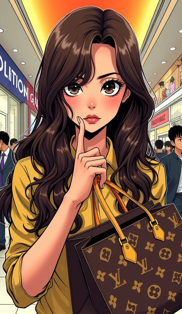 Japanese comic style，In the mall，Shopping，褐色Long hair的女性，Long hair，Greedy expression，（Looking at the LV bag in my hand）
