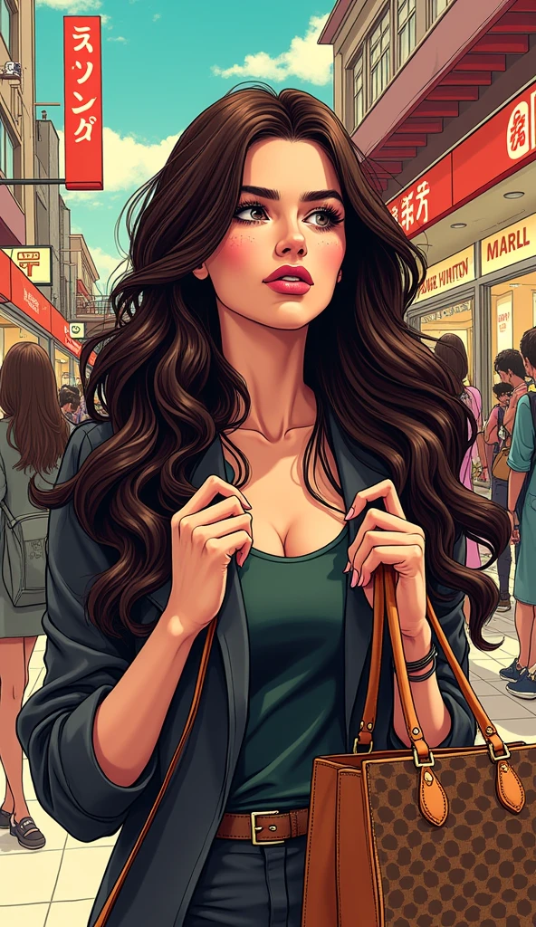 Japanese comic style，In the mall，Shopping，褐色Long hair的女性，Long hair，Greedy expression，（Looking at the LV bag in my hand）
