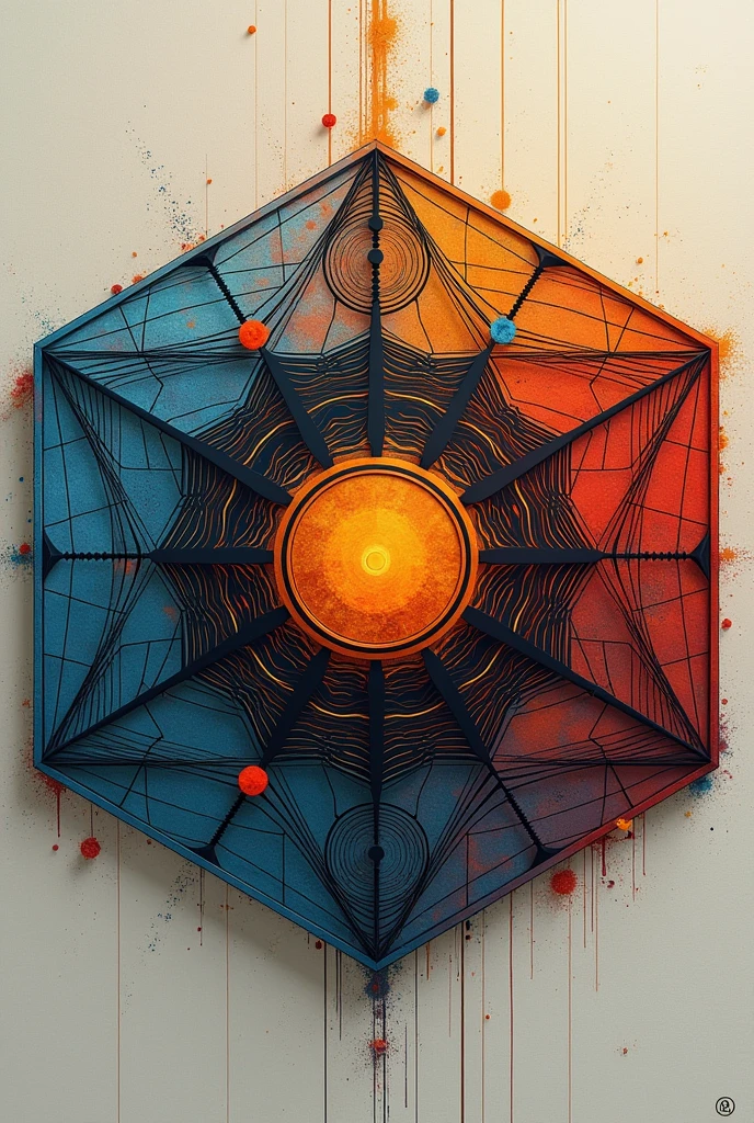imagine a hexagon with a circle in its center. The circle is divided into three interlocking parts, each with a different color. From the circle, thin lines extend toward the edge of the hexagon, creating a web pattern that represents the interconnectedness and fluidity of Metaism. inside the circle it has to say metaism
