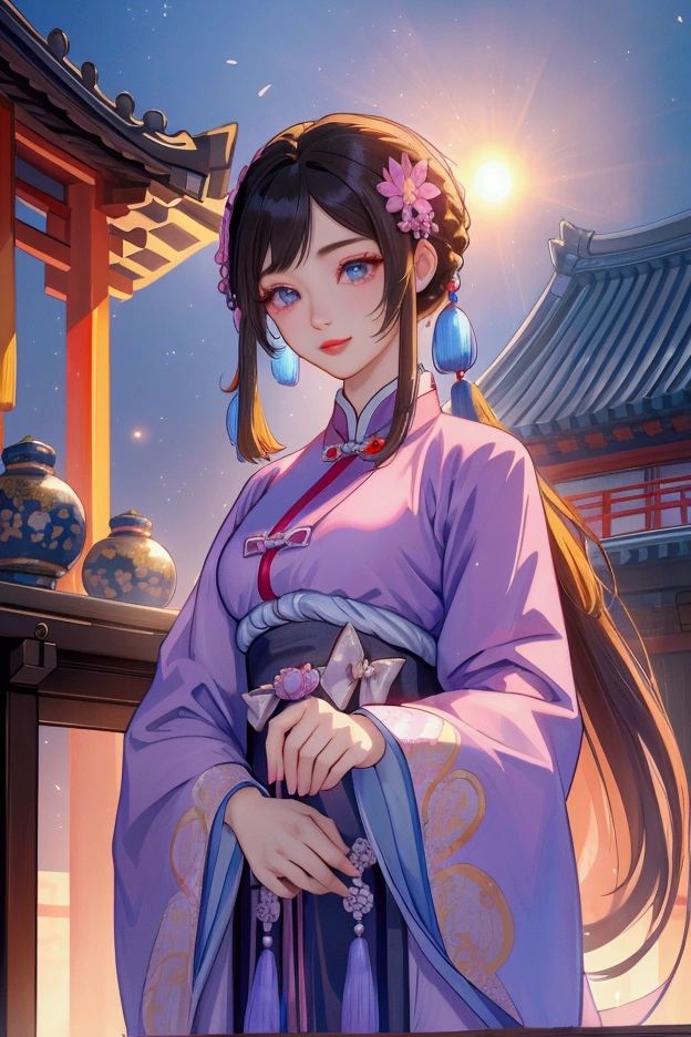 (Highest quality、 8k 、masterpiece、High resolution)、(Chinese Drama、Changgexing、Li Changge、Dililaba)、Tang Dynasty、Changan、1 Female、Beautiful young person、blue eyes、Pretty lips、Hairpin、decoration、(Noble Princess)、(Anime Beauty)、(Anime Art)、Smiling and posing happily、Bright atmosphere、Light colored long hair、Light pink Hanfu、古いChanganの街並み、Tang Dynasty Buildings、Tang Dynasty Buildings、Official Art、Detailed CG、