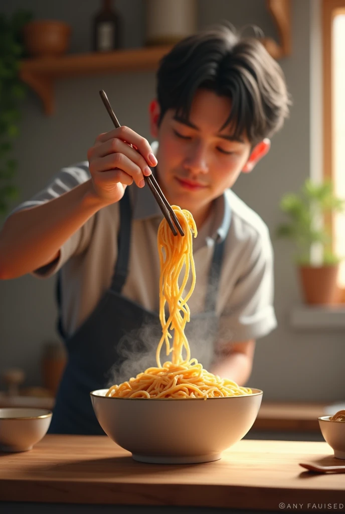 A guy pouring a pot of noodle into a bowl