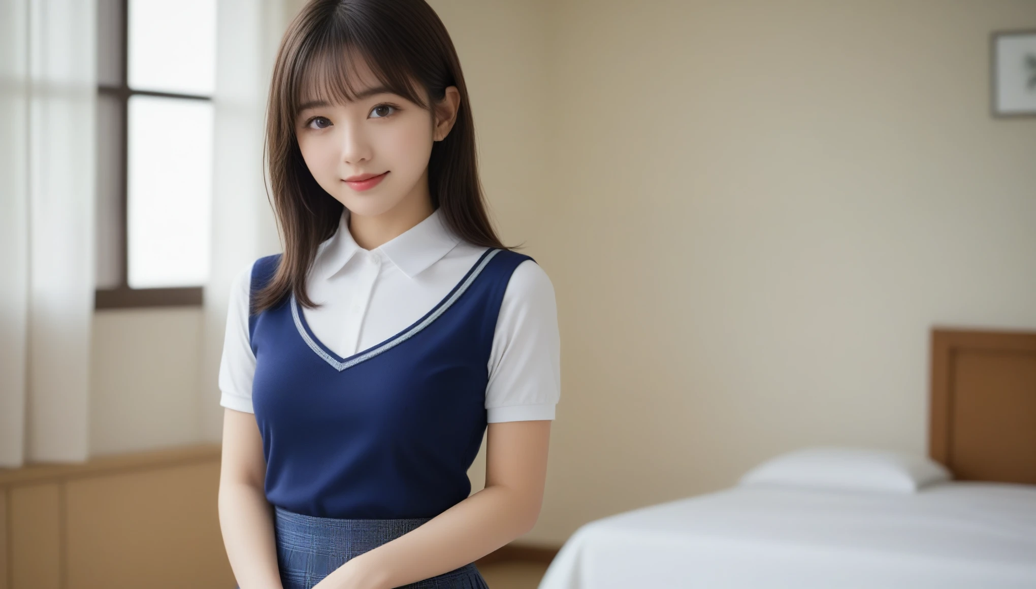 8k, Ultra-high resolution, Highest quality, masterpiece, 三分割法によるphotograph,Surreal, photograph, 1 girl, (16 years old:1.3), pretty girl, Cute Face, Beautiful eyes in every detail, 細かくdetailedに,masterpiece,, One Girl:1.2, Japanese high school girls,cowboy shot,smile,Black hair,Bowl cut, Natural skin texture,((very small head:1.3)),Gorgeous eyes,smile,((Toned body,Slender body,skinny)),(Golf Wear:1.5),(Golf course:1.5),Pencil Skirt,Knee socks,Sensual,(Tight waist:1.4)、(Beautiful girl with perfect body proportions:1.4),Red lips,(choker:1.4),Thin lips,屈託のないsmile,Heal the heart,Please close your mouth and laugh、(((Ideal body type))),A-cup small breasts :2,、Portraiture:2,Looking at the audience,Perfect Anatomy,鮮明なdetailed,detailed,Surreal,Light and shadow,sunbeam