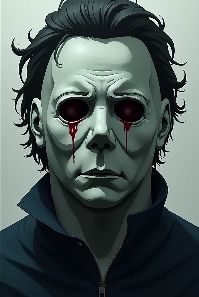 generates an image for a wallpaper Anime type of Michael Myers mask bust type with its marked features such as hair and overalls the mask should look with a skull tone and blood should come out of the eyes 