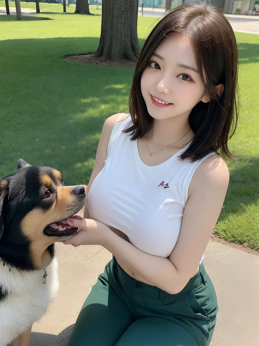 Tabletop, Highest quality, Realistic, In detail, High resolution, 8k wallpaper, Perfect dynamic composition, Beautiful attention to detail, (Biologically Correct Limbs, refer, nail), short hair, Shiny Hair, Big ample breasts ,Touching her chest, Random Pause、(retro color, Cute Sleeveless T-Shirts, Cute Chino Pants)、Cute Pumps, (Breast bulge:1.3)、Laughter、(Park scenery、Grass), sunny, Sitting, girl, 23 years old, only, (Droopy eyes)、Adult Beauty、Japanese women、(dogと散歩, dog, Pomeranian, 小型dog), dogを見て, Side view,