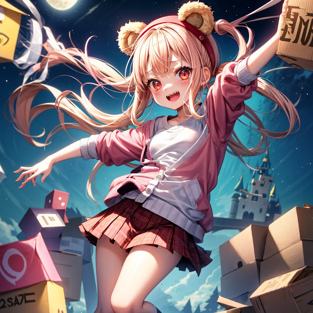 Pink Blonde、Red eyes、Hair tied up、One cute girl、solo、Checked mini skirt、black t-shirts、one piece、cardigan、Knee-high socks、bear ears baseball cap、Burning Full Moon、The tree is dead、Electric spectaculars、Cardboard boxes are piled up、Teeth are visible、Monster Castle、Tilting face、Starry Sky、A teddy bear is jumping