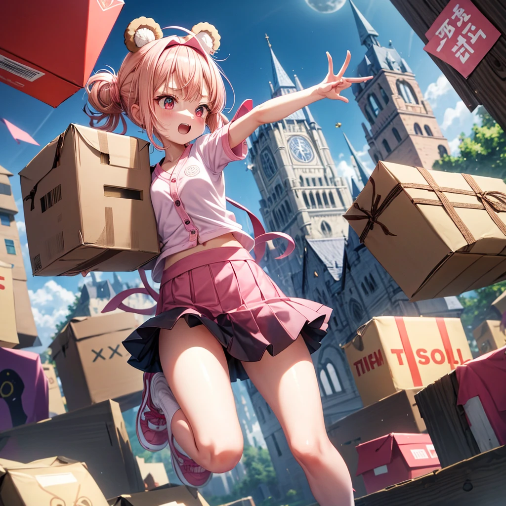 Pink Blonde、Red eyes、Hair tied up、One cute girl、solo、Checked mini skirt、black t-shirts、one piece、cardigan、Knee-high socks、bear ears baseball cap、Burning Full Moon、The tree is dead、Electric spectaculars、Cardboard boxes are piled up、Teeth are visible、Monster Castle、Tilting face、Starry Sky、A teddy bear is jumping