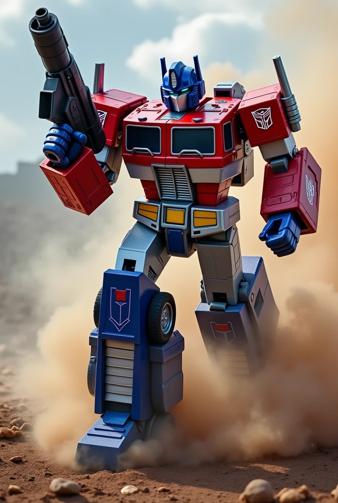 Optimus prime combine with megaatron realistic,, running effect in war battle. Jump high place Optimus prime. Use bazooka. 