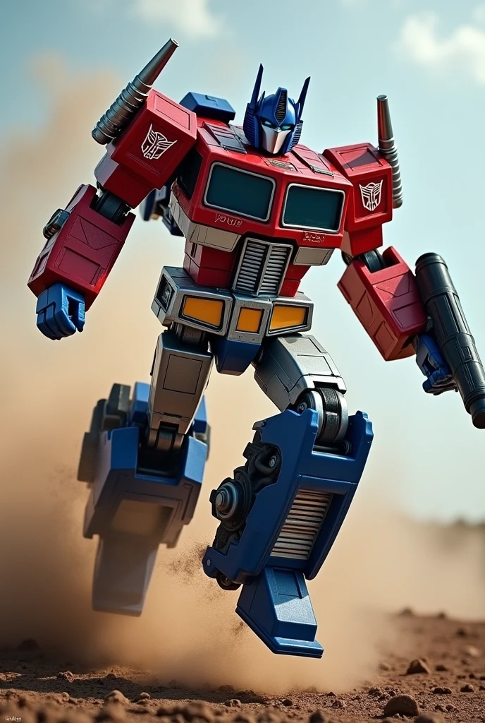 Optimus prime combine with megaatron realistic,, running effect in war battle. Jump high place Optimus prime. Use bazooka. 