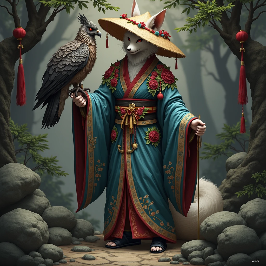 Detailed scene of a humanoid character with fox features, dressed in traditional Japanese clothing inspired by a kimono. The character wears a straw hat decorated with flowers and other elegant ornaments.. He is holding a cane or weapon, and at his side there is an eagle or falcon perched on his arm. The kimono is turquoise with intricate floral designs and gold detailing., highlighting the elegance of the character. The character's posture reflects confidence and serenity. In the background, A natural landscape is observed that could be a