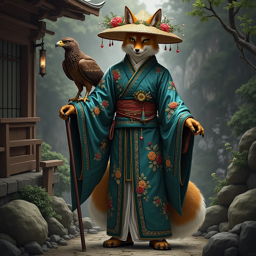 Detailed scene of a humanoid character with fox features, dressed in traditional Japanese clothing inspired by a kimono. The character wears a straw hat decorated with flowers and other elegant ornaments.. He is holding a cane or weapon, and at his side there is an eagle or falcon perched on his arm. The kimono is turquoise with intricate floral designs and gold detailing., highlighting the elegance of the character. The character&#39;s posture reflects confidence and serenity. In the background, A natural landscape is observed that could be a