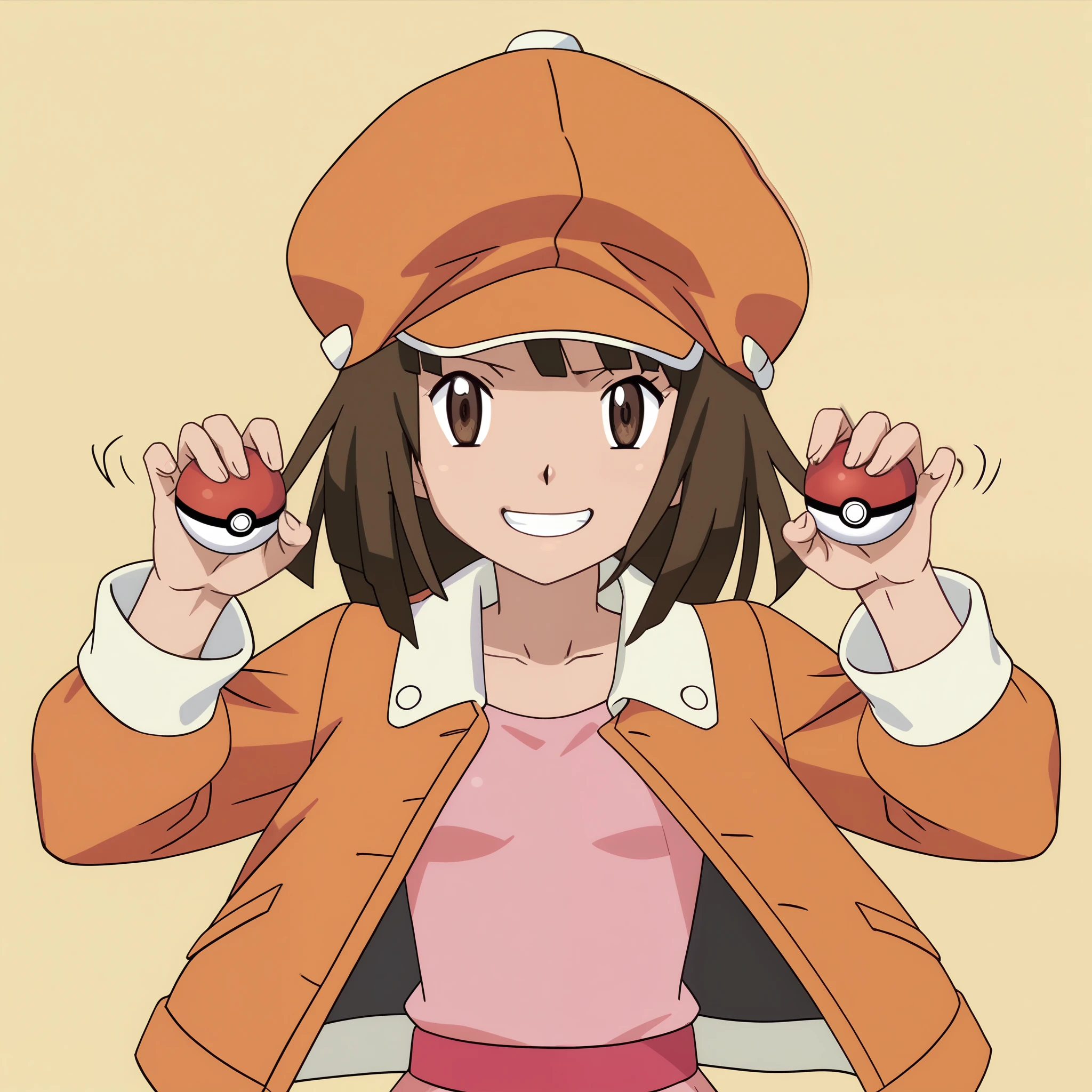 PokemonStyle, pokemon \(classic anime\), score_9, score_8_up, score_7_up, source_anime, anime screencap, anime coloring, flat shading,, sengoku nadeko,,brown hair,brown eyes,short hair,upper_body, small breasts, throwing pose, flying pokeball, looking at viewer, close-up of pokeball, motion blur, motion lines, smirk, blunt bangs, orange hat, cabbie hat, jacket, jacket on shoulders, 