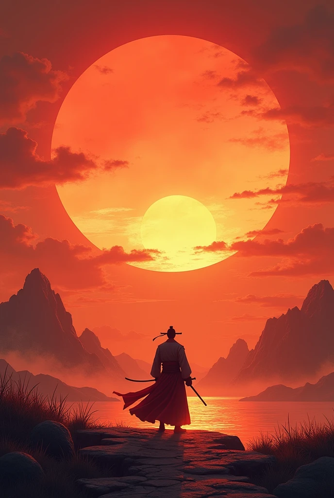 illustration style,Chinese separation scenes,man standing in front of a big sunset,chinese ink and wash style,Chinese poem arts style,Chinese swordsmen film tale,highly detailed,dynamic,cinematic,stunning,realistic lighting and shading, Jin Yong style,vibrant,8k,octane render,unreal engine,very detailed,concept art,realistic,Cry engine